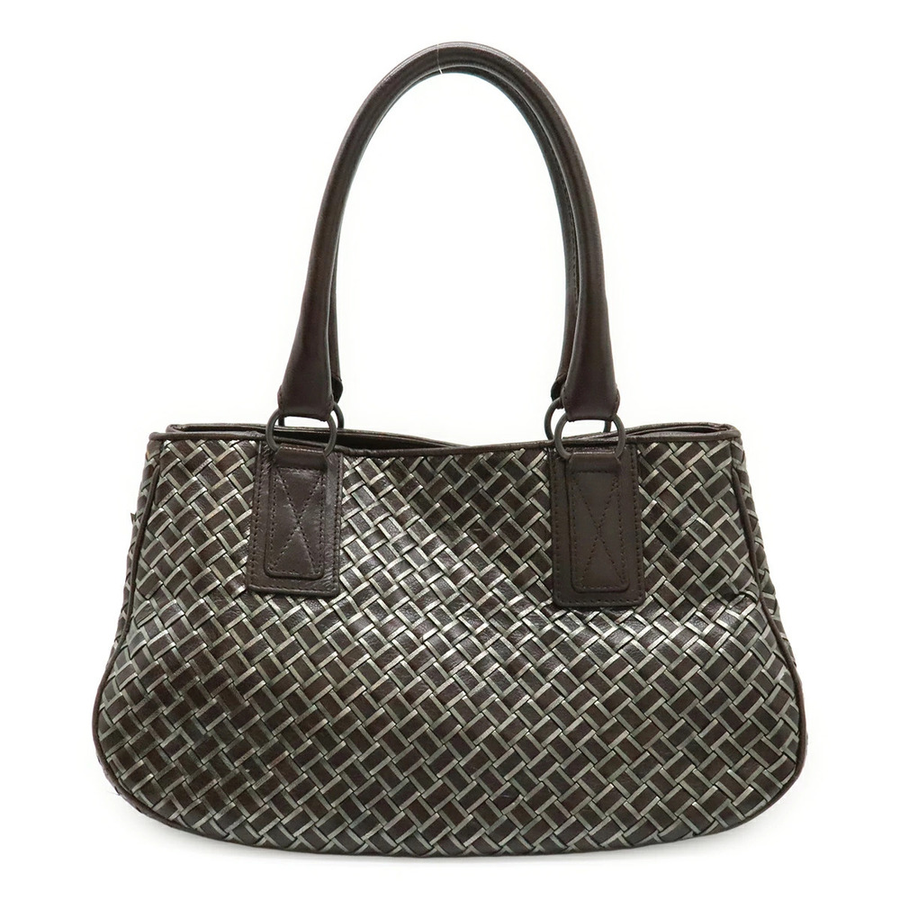 BOTTEGA VENETA Intrecciato Metallic Handbag Leather Dark Brown Silver